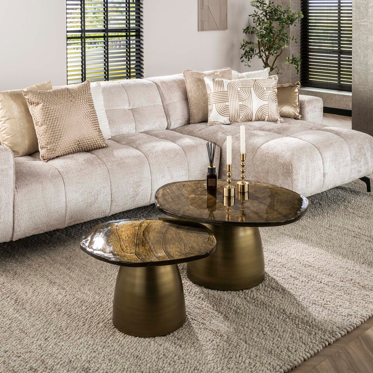 Couchtisch-Set ECLIPSE ORGANICO 2-teilige Glastische mit Gussglas & Metallfuß Antikgold