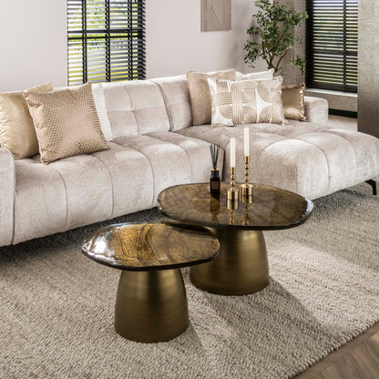 Couchtisch-Set ECLIPSE ORGANICO 2-teilige Glastische mit Gussglas & Metallfuß Antikgold