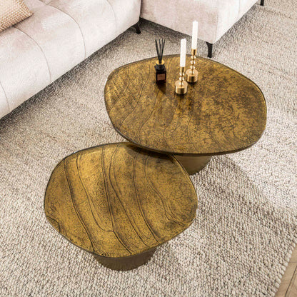 Couchtisch-Set ECLIPSE ORGANICO 2-teilige Glastische mit Gussglas & Metallfuß Antikgold