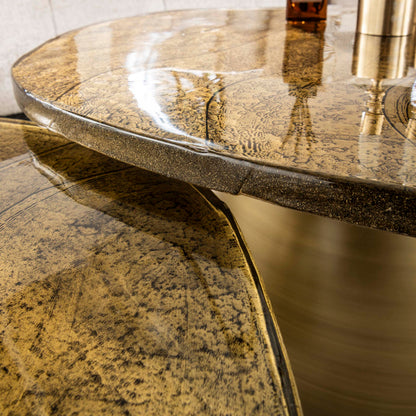 Couchtisch-Set ECLIPSE ORGANICO 2-teilige Glastische mit Gussglas & Metallfuß Antikgold