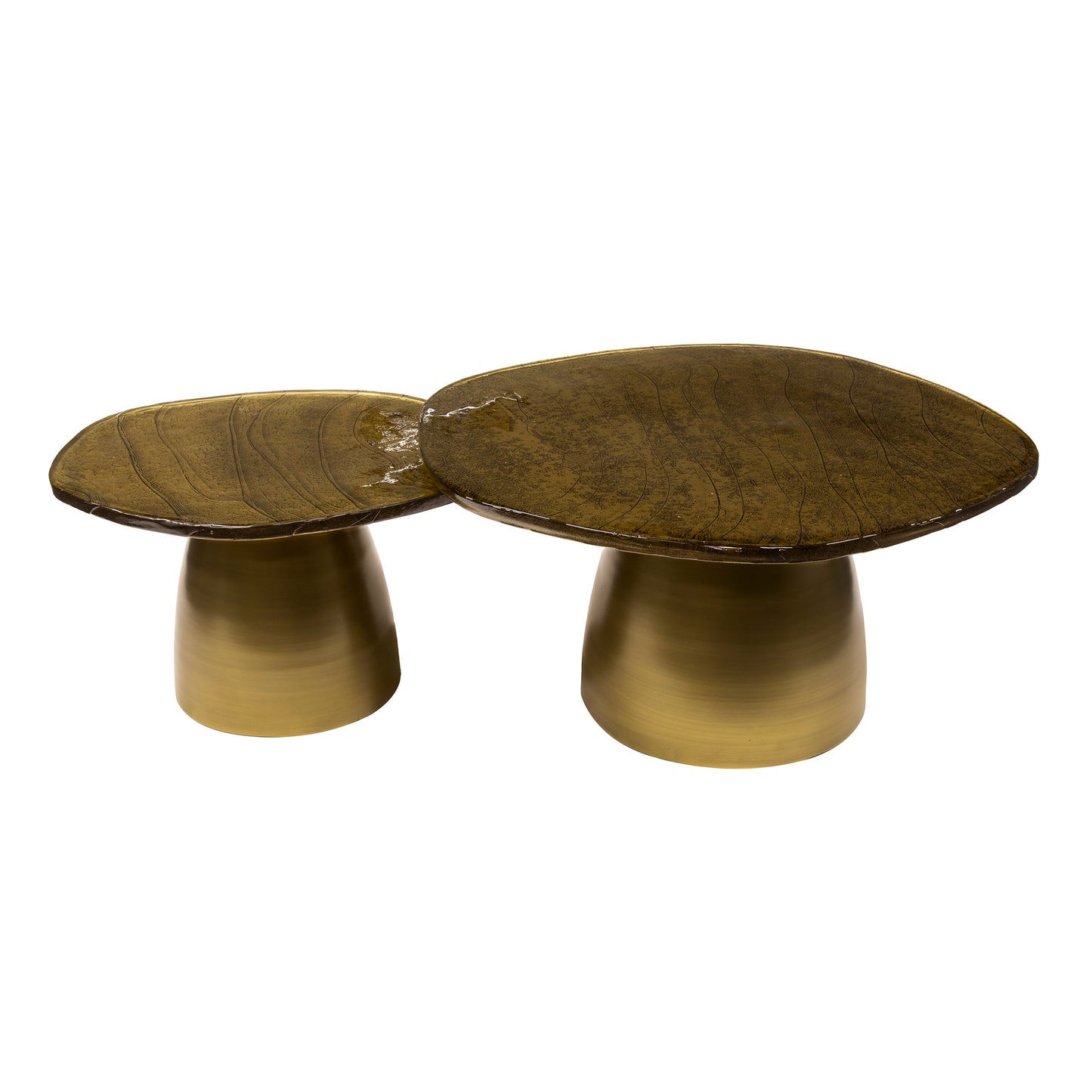 Couchtisch-Set ECLIPSE ORGANICO 2-teilige Glastische mit Gussglas & Metallfuß Antikgold