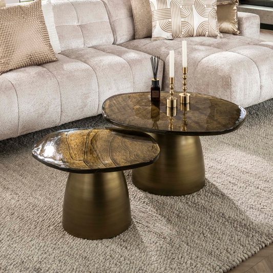 Couchtisch-Set ECLIPSE ORGANICO 2-teilige Glastische mit Gussglas & Metallfuß Antikgold