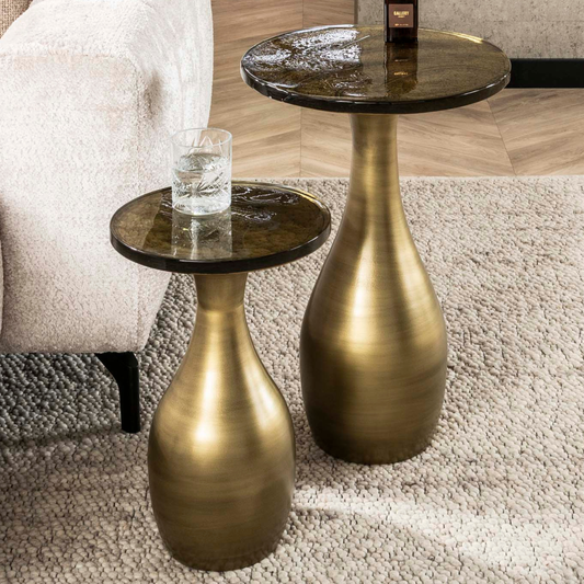 Beistelltisch-Set ECLIPSE DROP 2-teiliges Satztisch-Duo aus Gussglas mit Tropfenfuß Antikgold