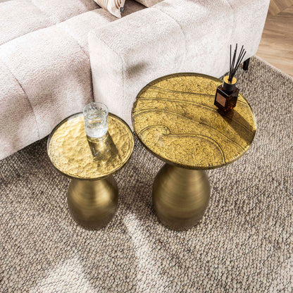 Beistelltisch-Set ECLIPSE DROP 2-teiliges Satztisch-Duo aus Gussglas mit Tropfenfuß Antikgold