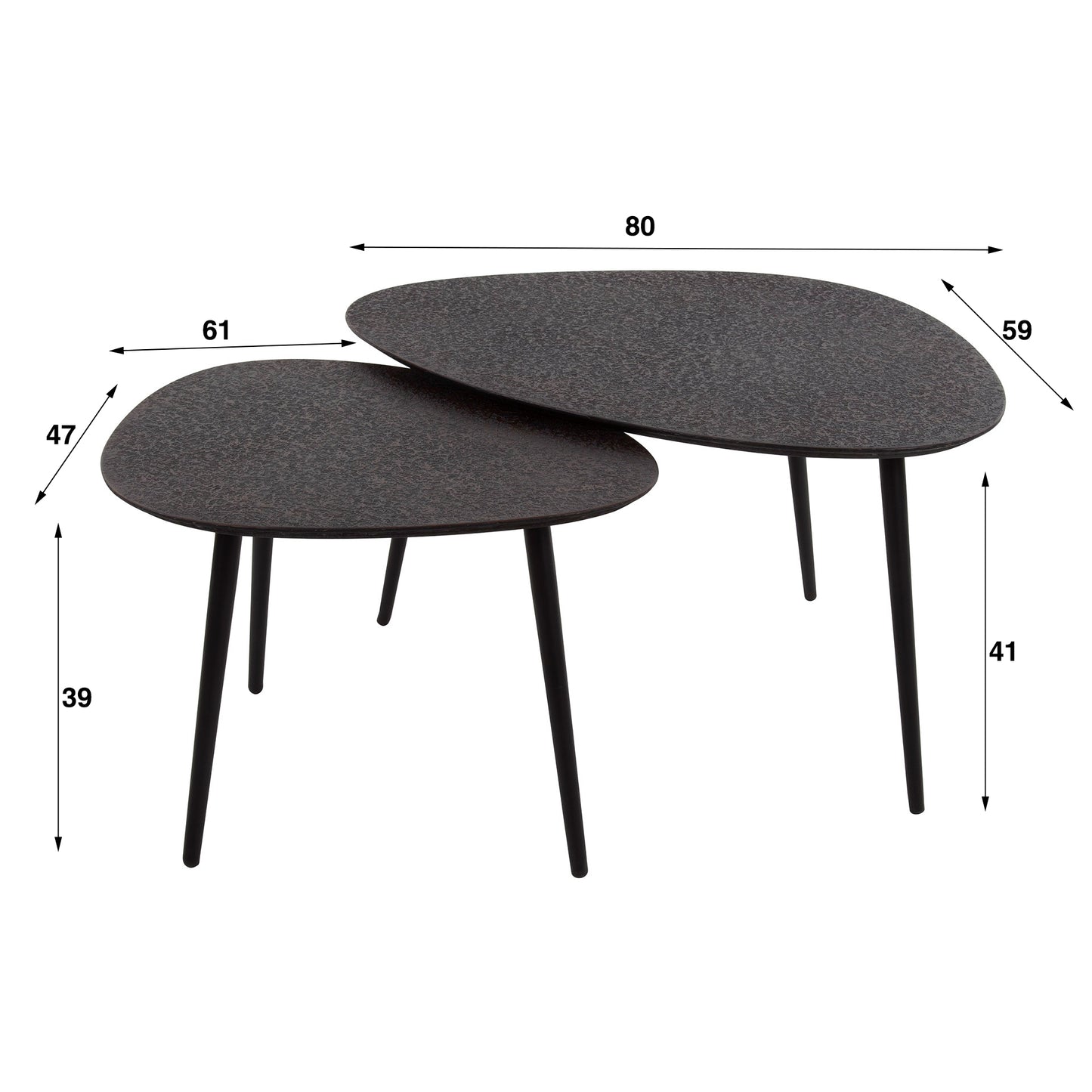 Couchtisch-Set METALLICO SCURO Organische Satztische mit rauer Metallic-Struktur
