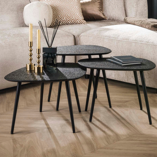 Couchtisch-Set METALLICO QUADRATO 3-teilige organische Satztische mit rauer Metallic-Struktur