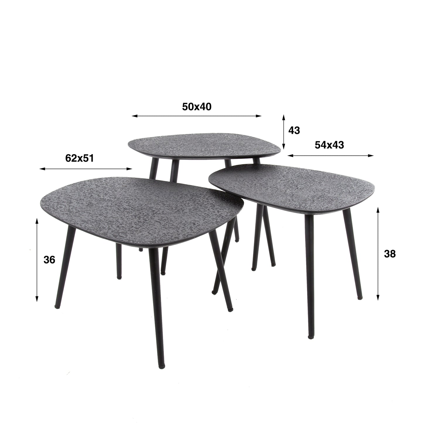 Couchtisch-Set METALLICO QUADRATO 3-teilige organische Satztische mit rauer Metallic-Struktur