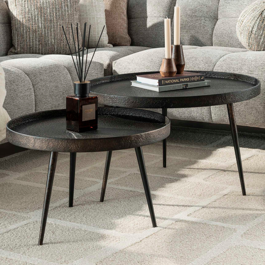 Couchtisch-Set METALLICO ROTONDO Runde Tablett-Satztische im rauen Metallic-Look