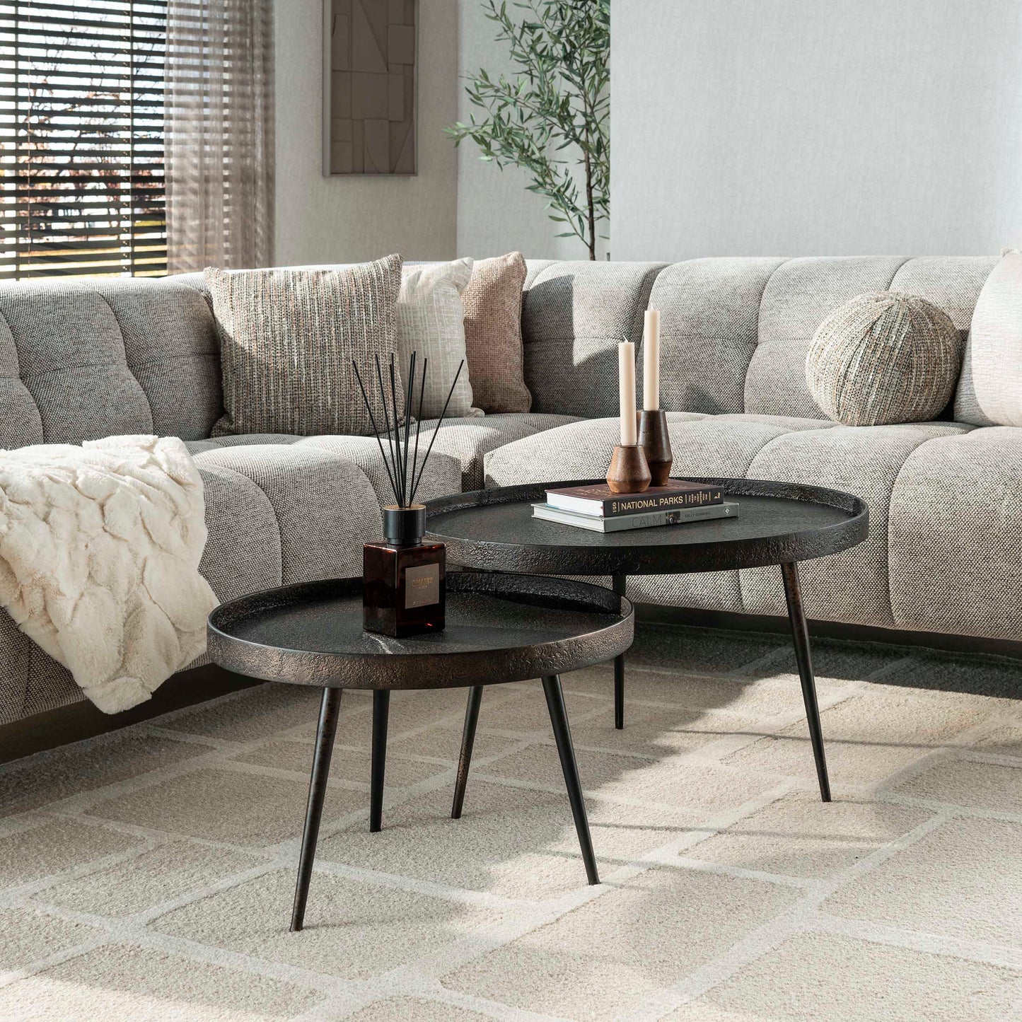 Couchtisch-Set METALLICO ROTONDO Runde Tablett-Satztische im rauen Metallic-Look
