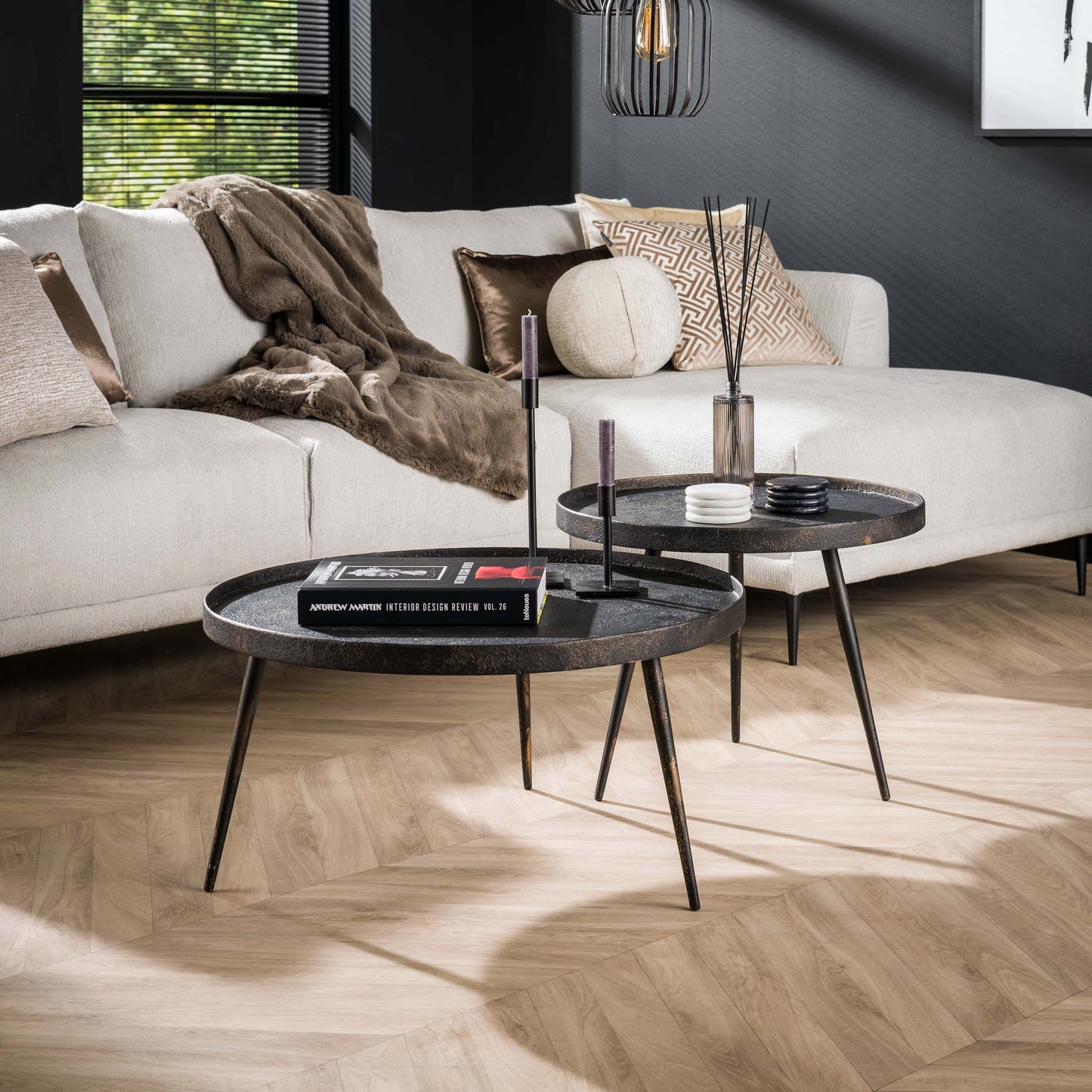 Couchtisch-Set METALLICO ROTONDO Runde Tablett-Satztische im rauen Metallic-Look