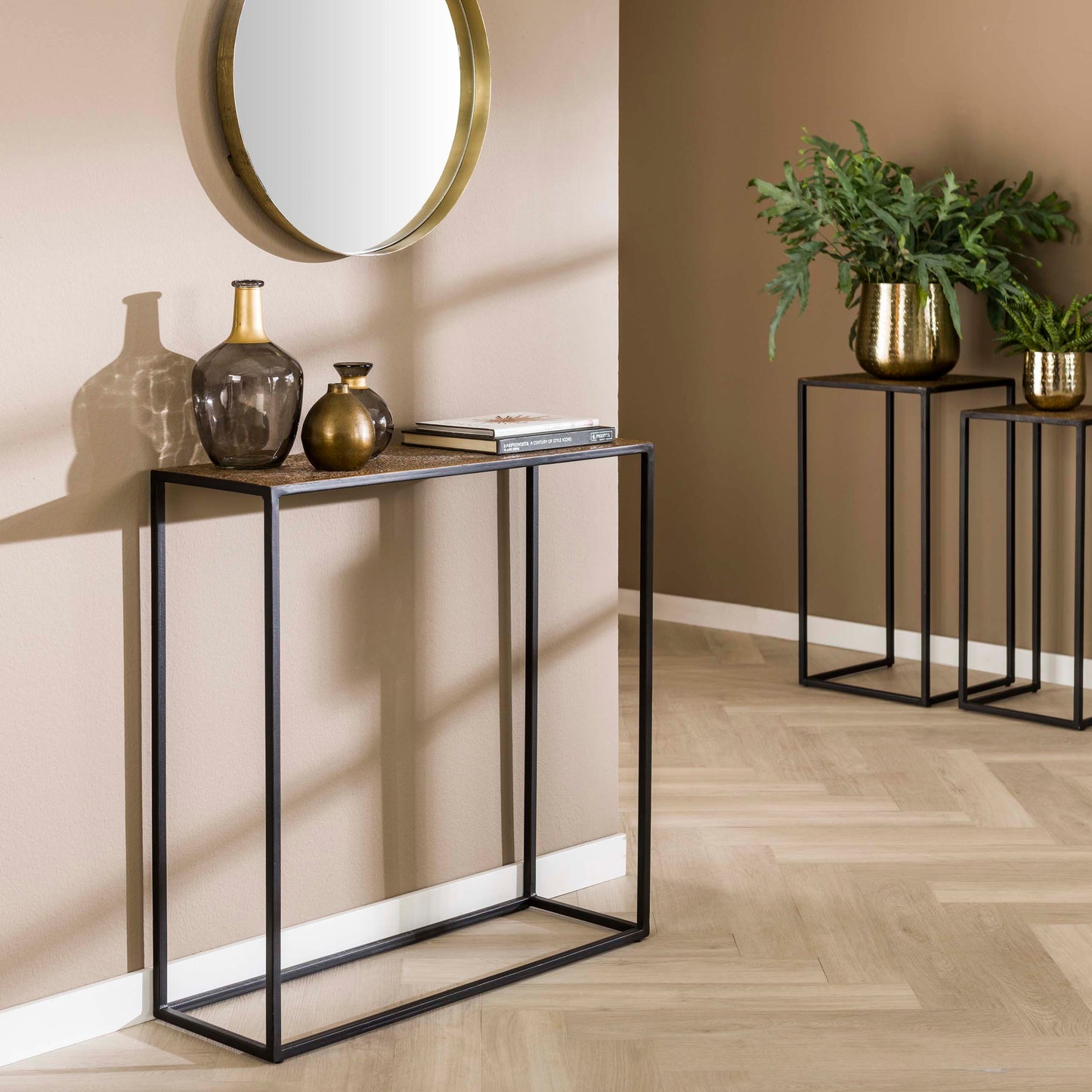 Konsolentisch METALLIC Schmaler Flurtisch mit strukturierter Antikbronze-Platte & Metallgestell 75 cm