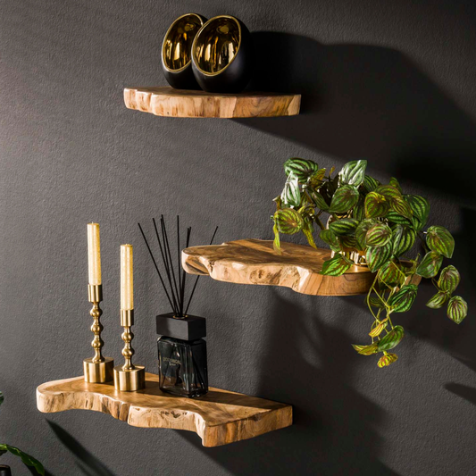 Wandregal-Set NATURAL LINE 3 schwebende Massivholz-Regale mit echter Baumkante Teakholz
