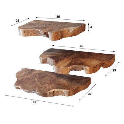 Wandregal-Set NATURAL LINE 3 schwebende Massivholz-Regale mit echter Baumkante Teakholz