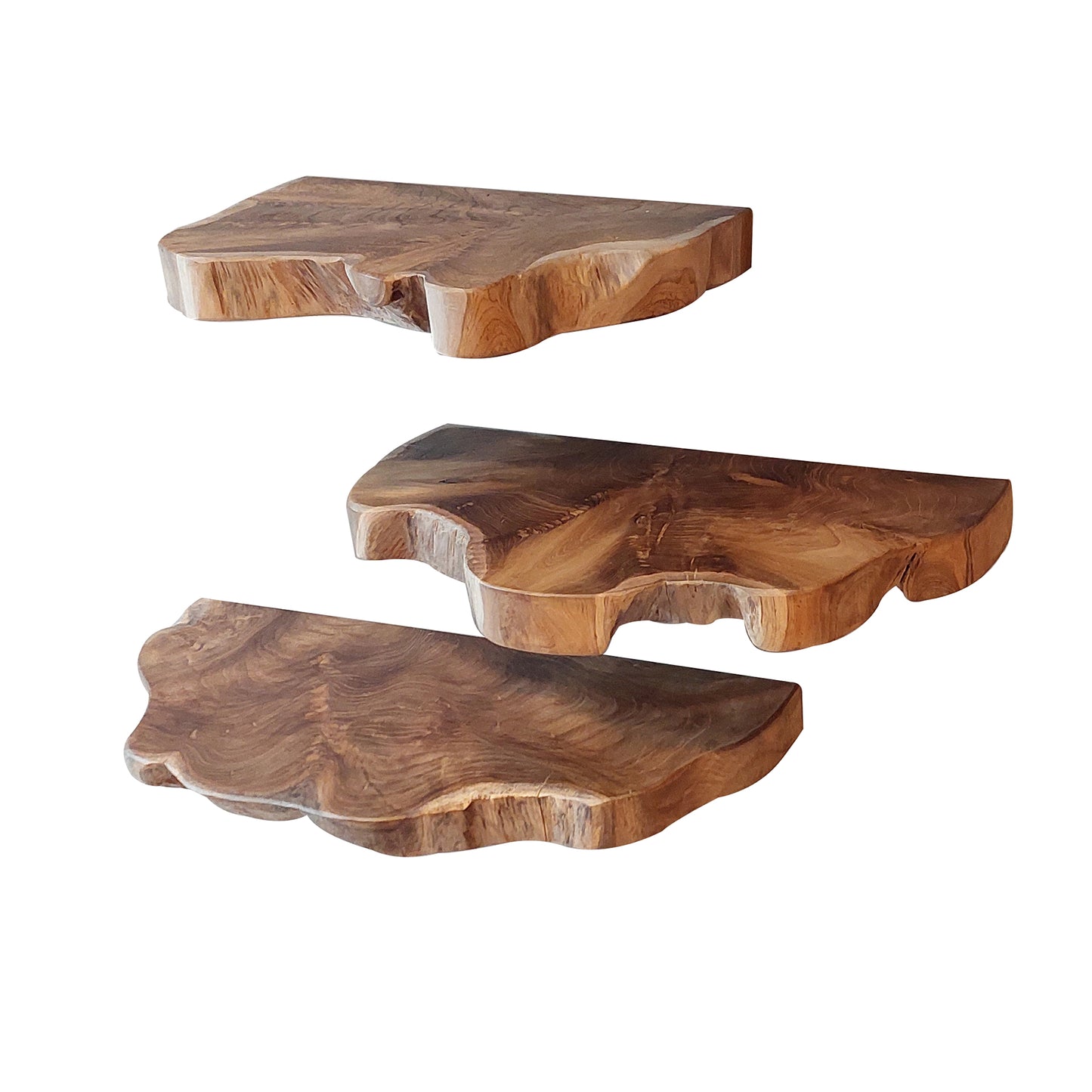 Wandregal-Set NATURAL LINE 3 schwebende Massivholz-Regale mit echter Baumkante Teakholz