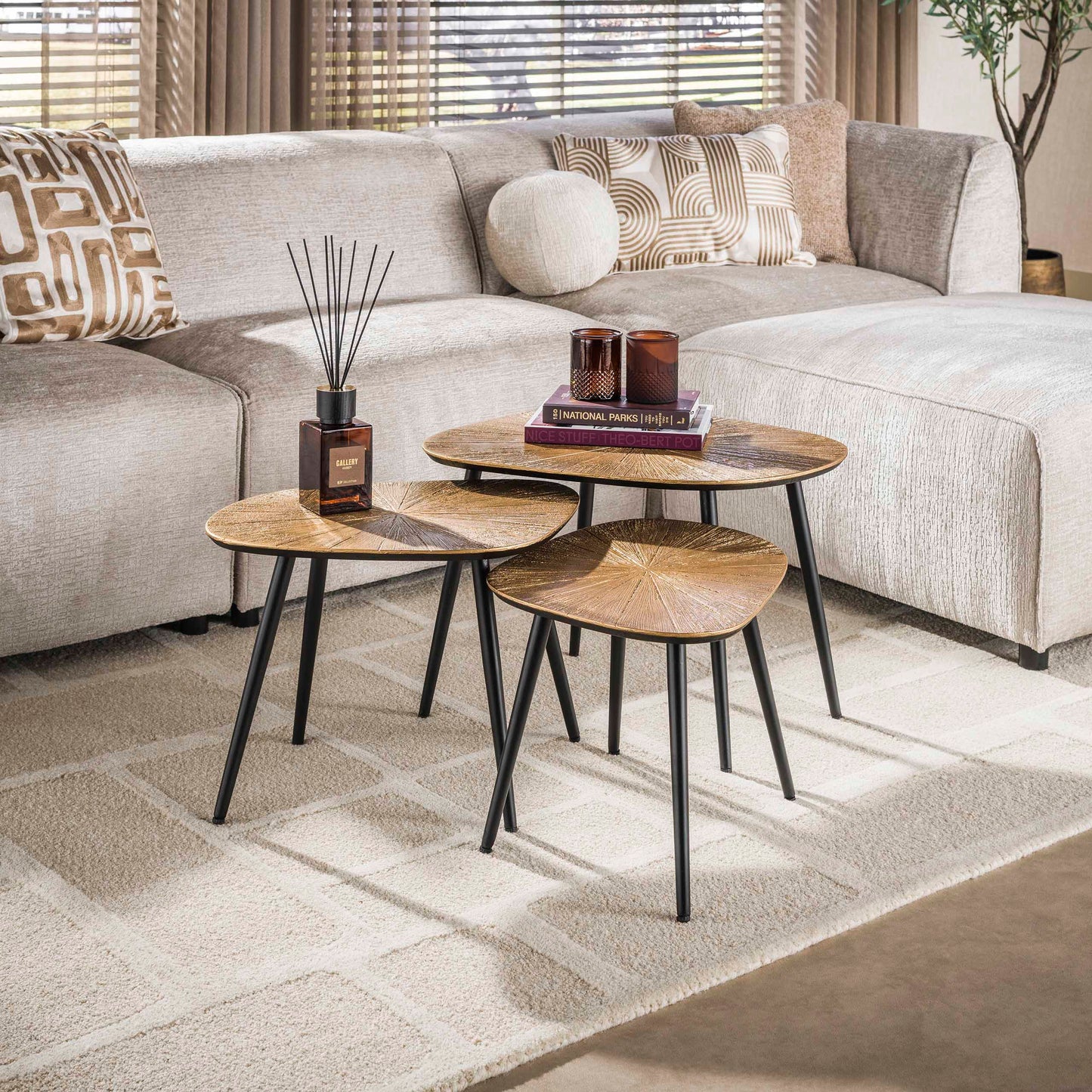 Couchtisch-Set TIZIANO RAGGIO 3-teilige Soft-Square Satztische in Antikgold