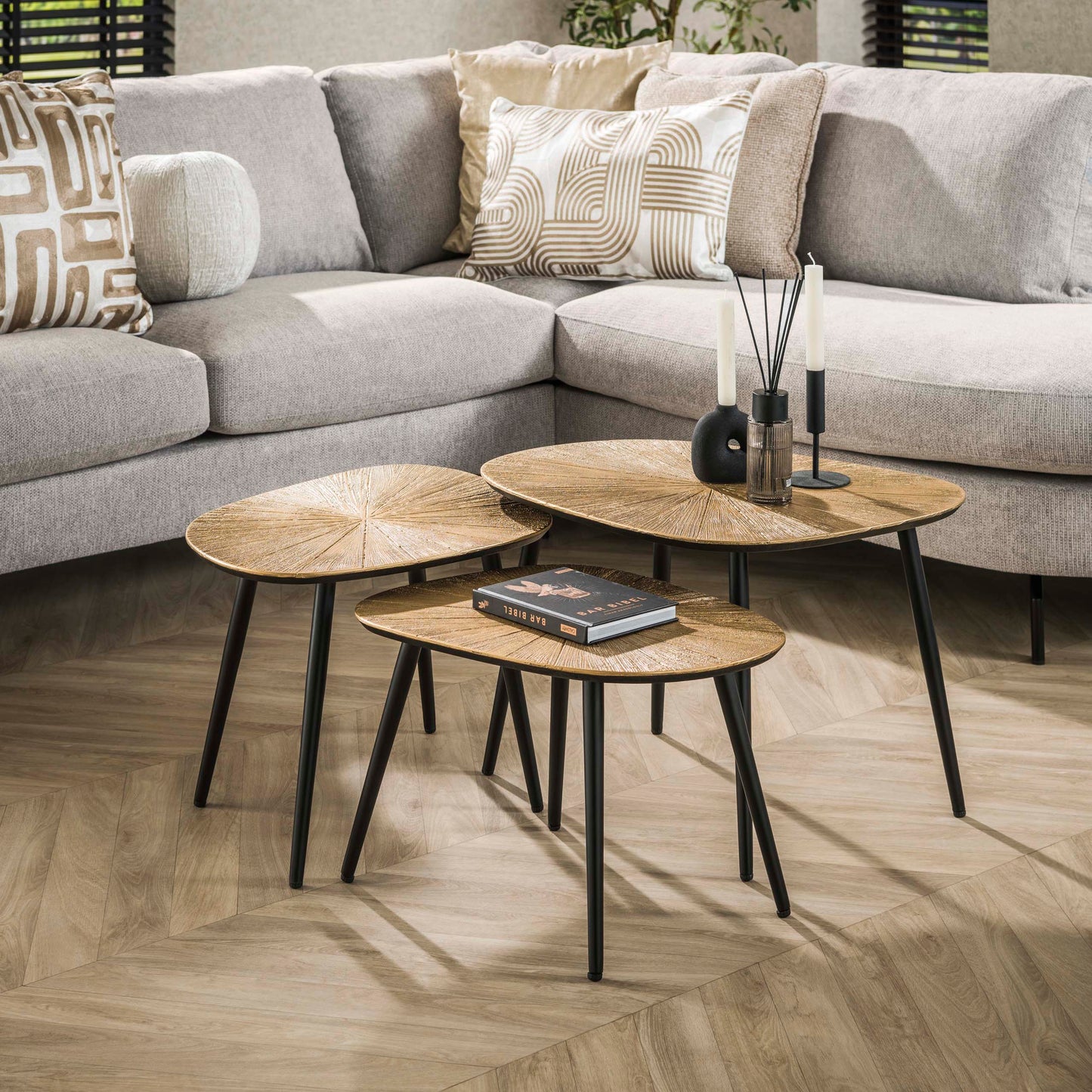 Couchtisch-Set TIZIANO RAGGIO 3-teilige Soft-Square Satztische in Antikgold