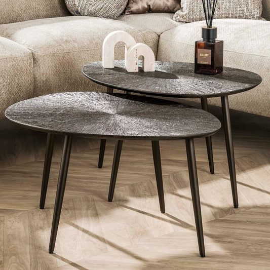 Couchtisch-Set FOGLIA BRONZO Organische Satztische in Blattform mit Strahlen-Relief