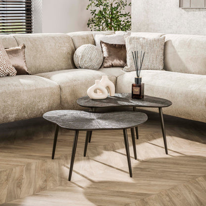 Couchtisch-Set ORGANICO BRONZO Organische Satztische mit Strahlen-Relief in Dunkelbraun