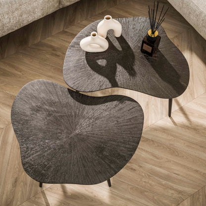 Couchtisch-Set ORGANICO BRONZO Organische Satztische mit Strahlen-Relief in Dunkelbraun