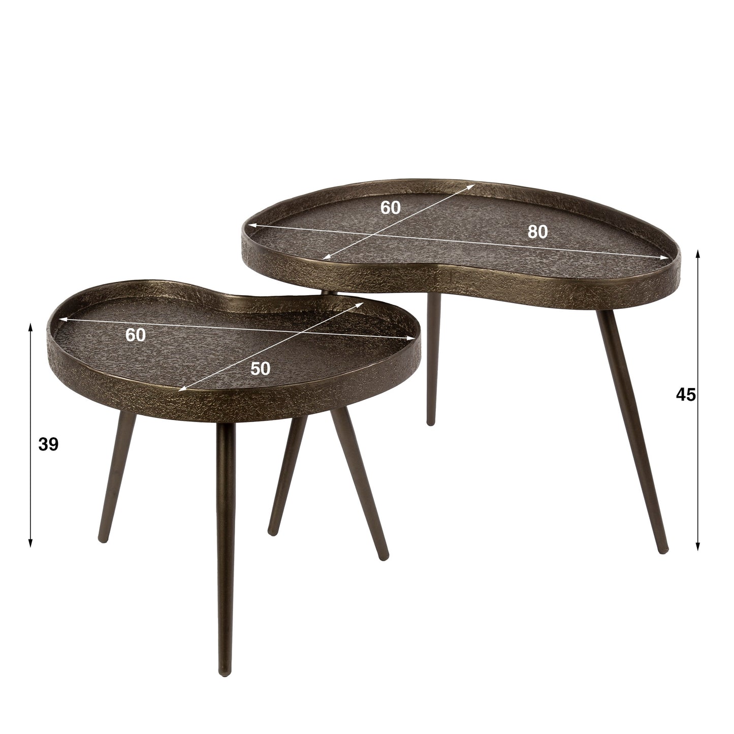 Couchtisch-Set CONTORNO BRONZO Nierenförmige Tablett-Satztische in Liquid-Metal