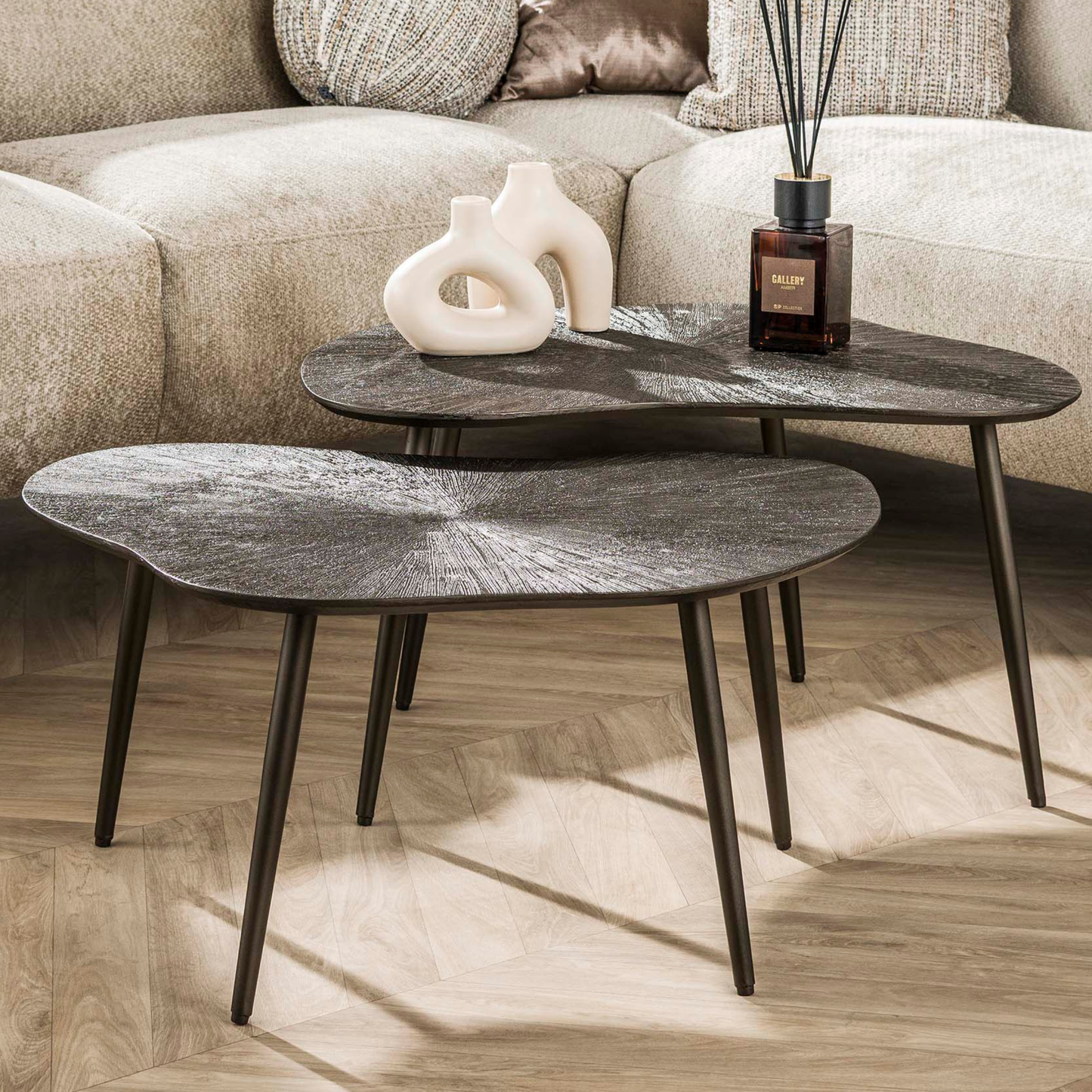 Couchtisch-Set ORGANICO BRONZO Organische Satztische mit Strahlen-Relief in Dunkelbraun
