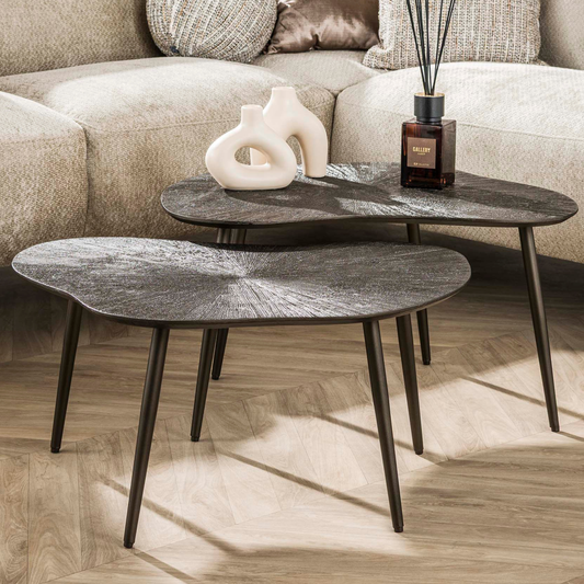 Couchtisch-Set ORGANICO BRONZO Organische Satztische mit Strahlen-Relief in Dunkelbraun
