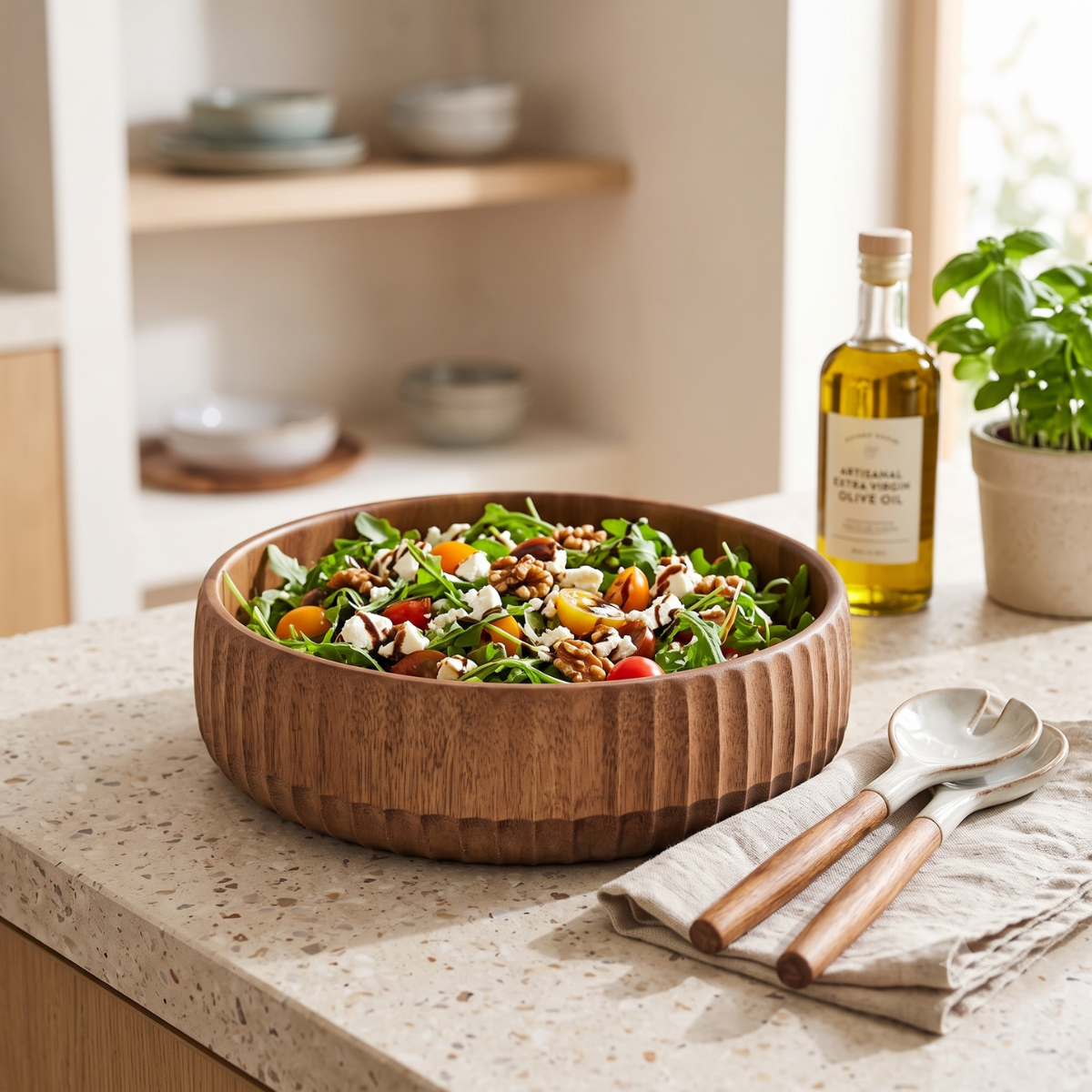 Massivholz-Salatschüssel mit 3D-Rillenprofil Holz 22 cm