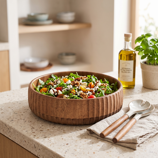 Massivholz-Salatschüssel mit 3D-Rillenprofil Holz 22 cm
