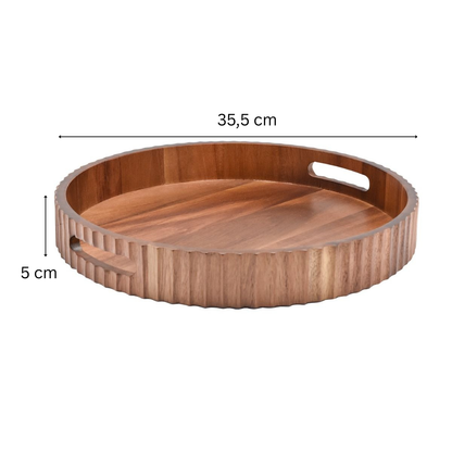 Serviertablett Rundes Massivholz-Tablett mit 3D-Rillenprofil & integrierten Griffen 35,5 cm