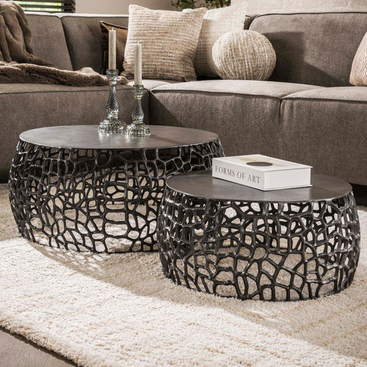Couchtisch-Set LABIRINTO NERO 2-teilige runde Satztische mit Netzstruktur in Schwarznickel