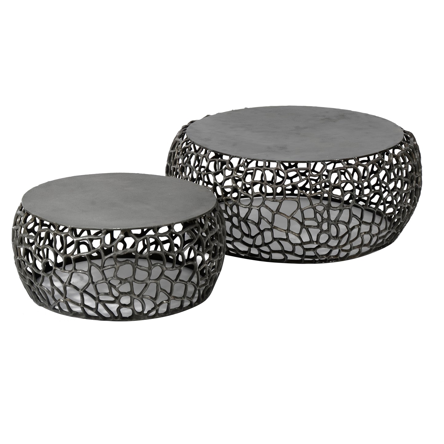 Couchtisch-Set LABIRINTO NERO 2-teilige runde Satztische mit Netzstruktur in Schwarznickel