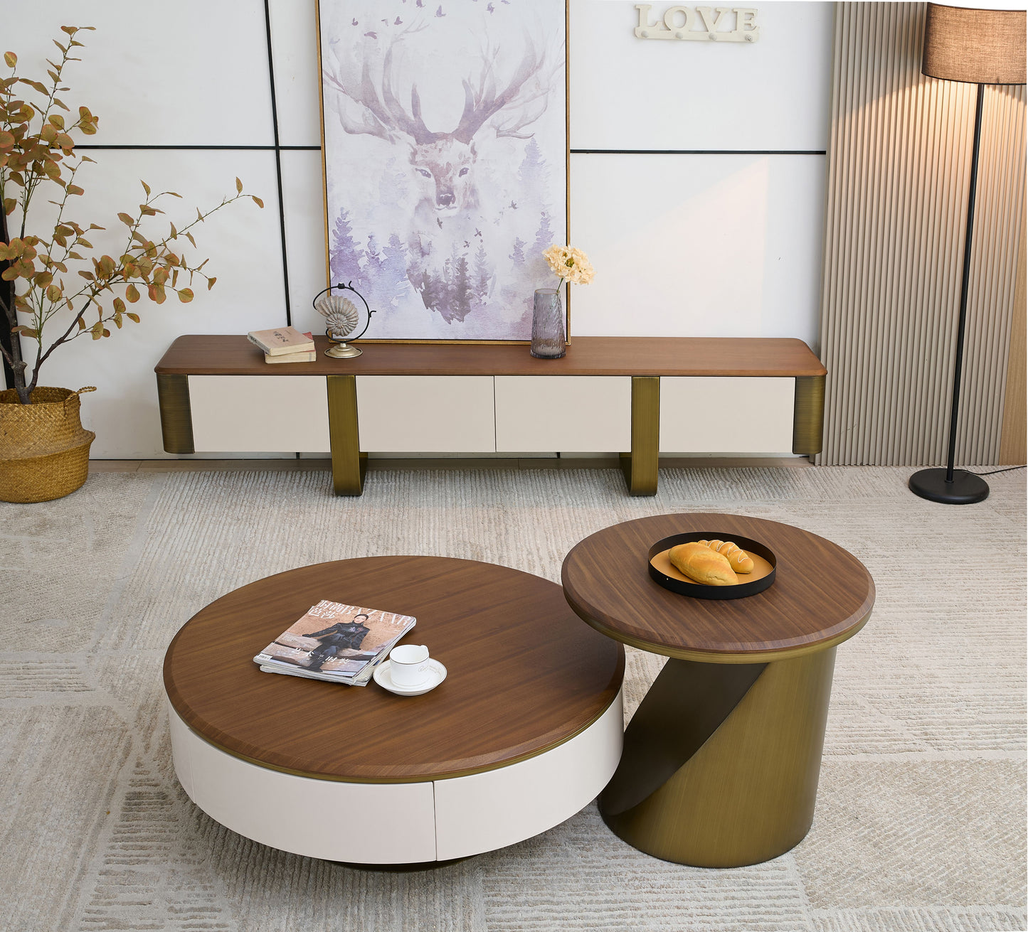Edles Couchtisch Set 2er Set mit Braun Holz Design 90x35cm