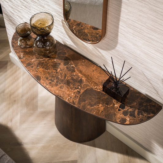 Konsolentisch PIETRA CALDA Halbrunde Konsole mit Dark-Emperador-Keramikplatte und Mango Holz-Säulenfuß