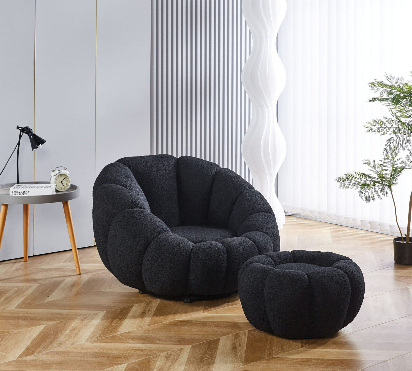 Drehsessel Kürbis Sessel 360° Drehfunktion Relaxsessel inkl. Hocker Schwarz