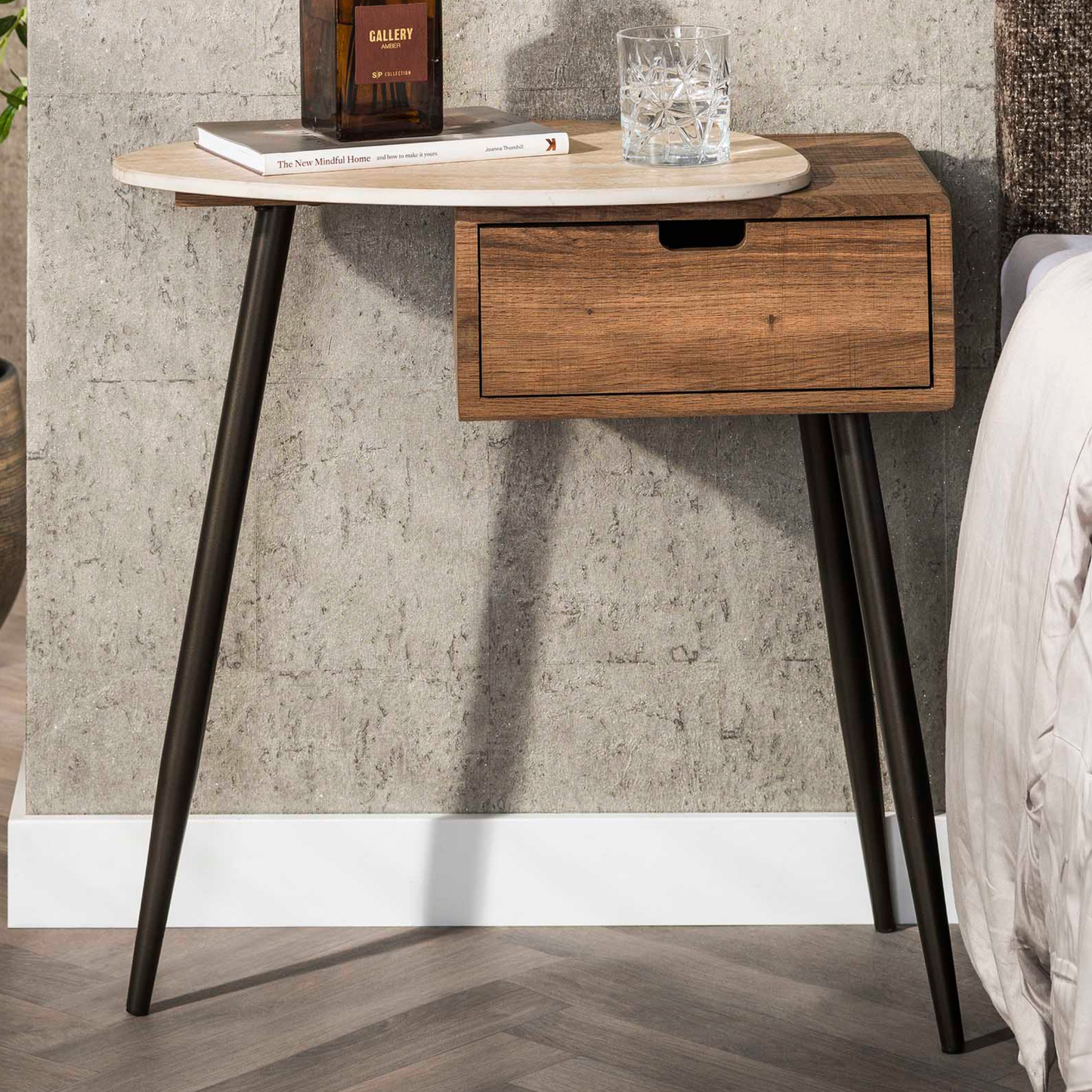 Nachttisch TRAVINO TRAVERTIN Asymmetrische Konsole mit Keramikplatte & Eichenoptik 60 cm