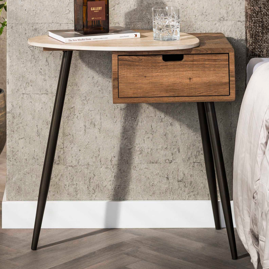 Nachttisch TRAVINO TRAVERTIN Asymmetrische Konsole mit Keramikplatte & Eichenoptik 60 cm