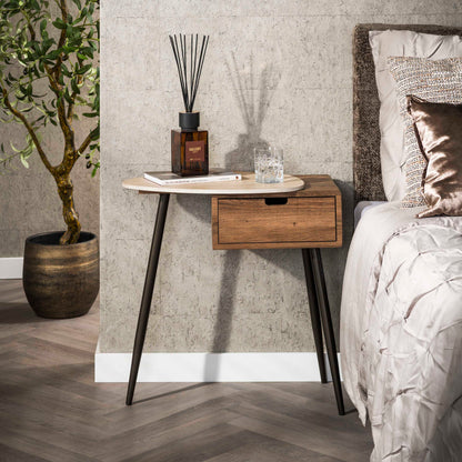 Nachttisch TRAVINO TRAVERTIN Asymmetrische Konsole mit Keramikplatte & Eichenoptik 60 cm