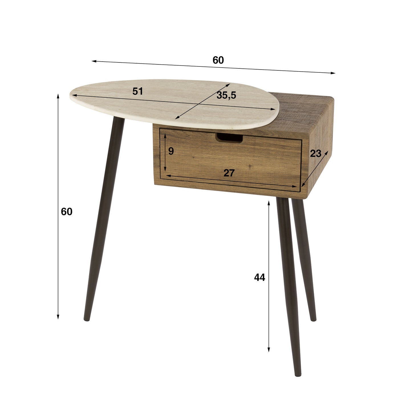 Nachttisch TRAVINO TRAVERTIN Asymmetrische Konsole mit Keramikplatte & Eichenoptik 60 cm