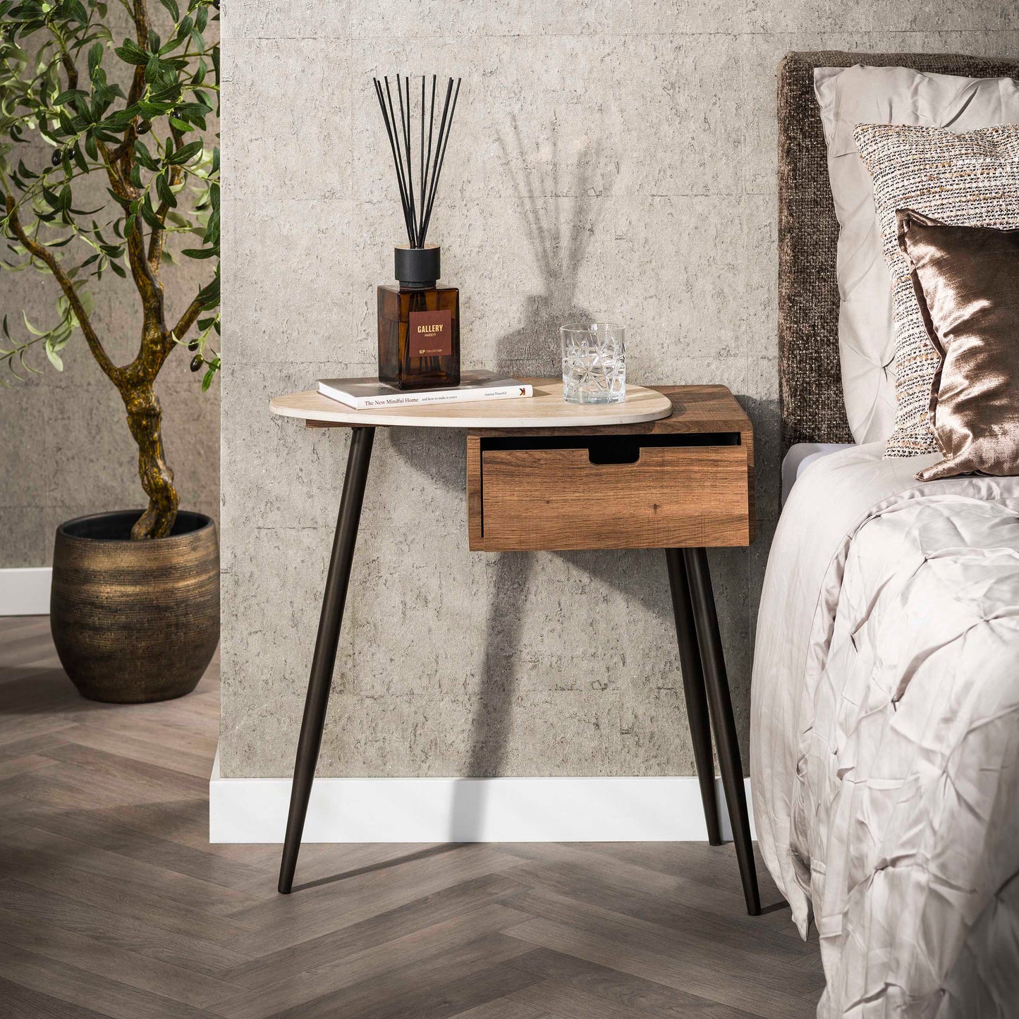 Nachttisch TRAVINO TRAVERTIN Asymmetrische Konsole mit Keramikplatte & Eichenoptik 60 cm