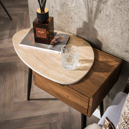 Nachttisch TRAVINO TRAVERTIN Asymmetrische Konsole mit Keramikplatte & Eichenoptik 60 cm