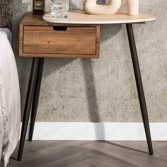 Nachttisch TRAVINO TRAVERTIN Asymmetrische Konsole mit Keramikplatte & Eichenoptik 60 cm