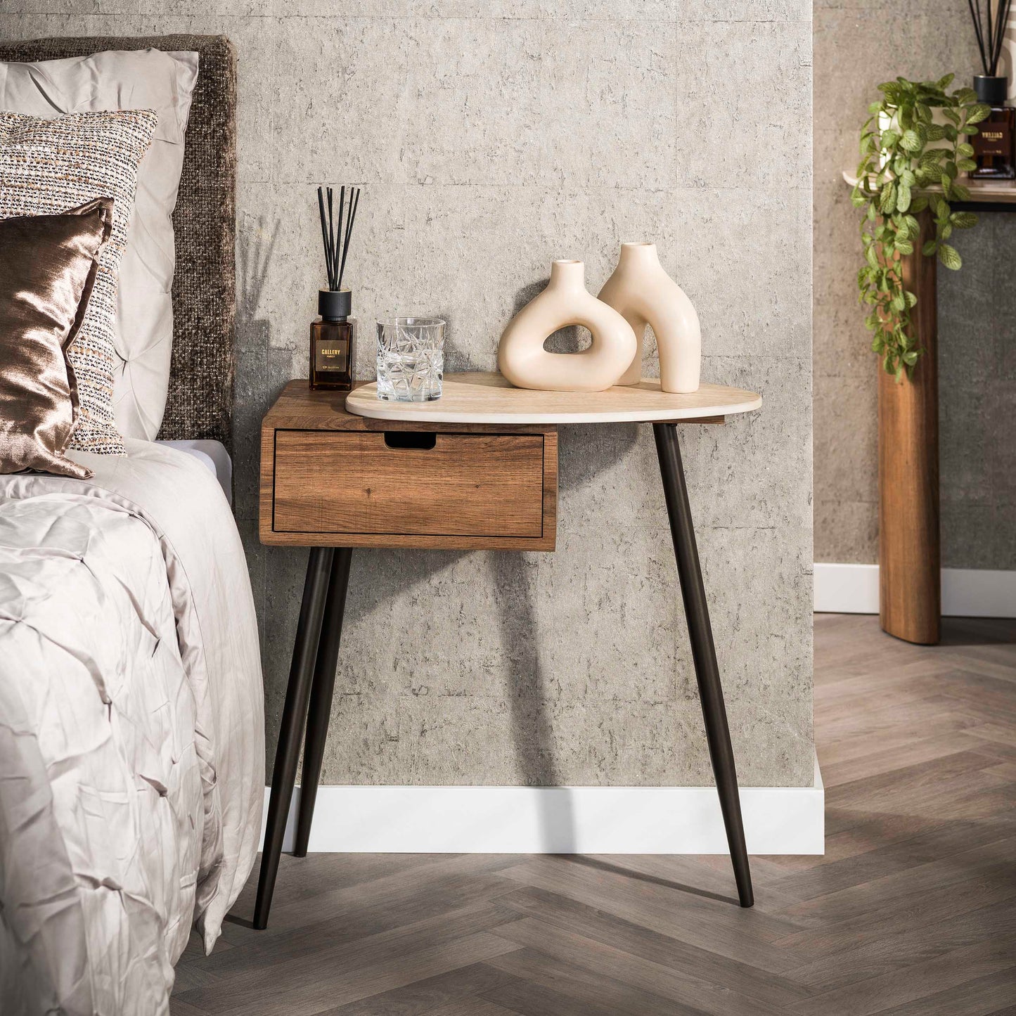 Nachttisch TRAVINO TRAVERTIN Asymmetrische Konsole mit Keramikplatte & Eichenoptik 60 cm