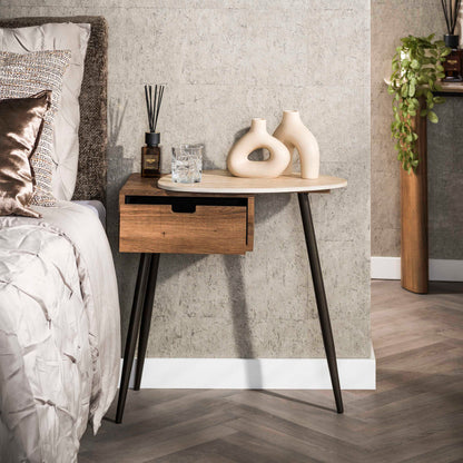 Nachttisch TRAVINO TRAVERTIN Asymmetrische Konsole mit Keramikplatte & Eichenoptik 60 cm