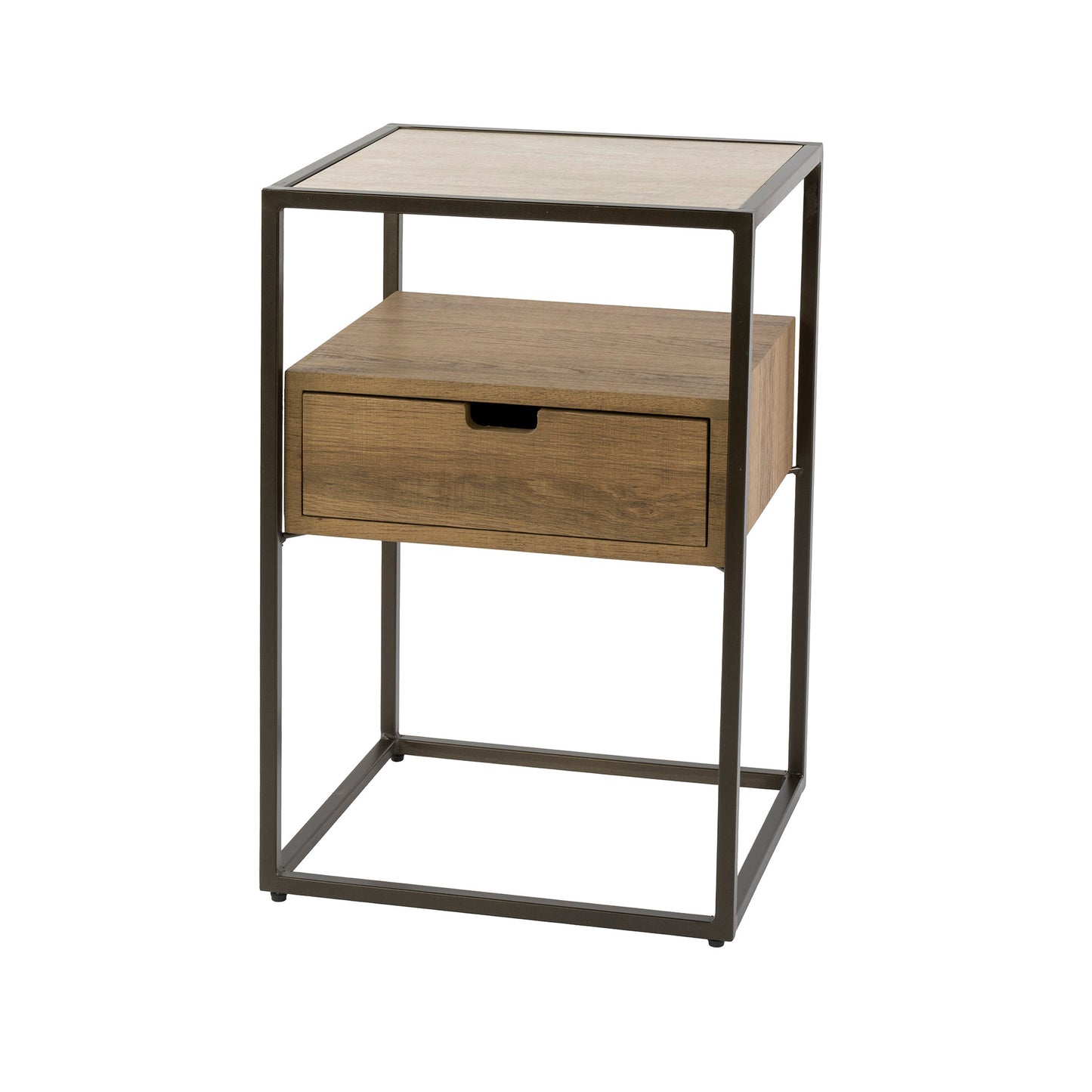 Nachttisch CASSETTO TRAVERTIN Kubische Konsole mit Keramikplatte, offenem Fach & Eichenoptik 40 cm