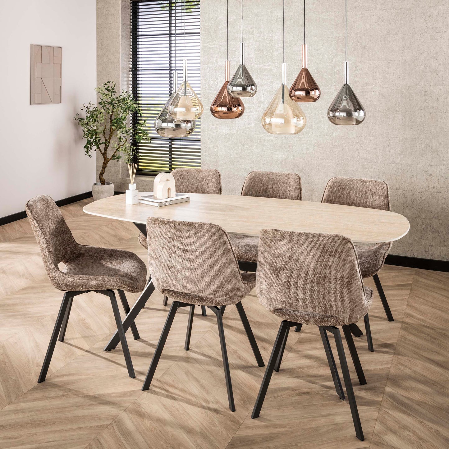 Esszimmerstuhl SWIVEL CHENILLE 360° Drehstuhl ohne Armlehnen im 4er-Set Champagne