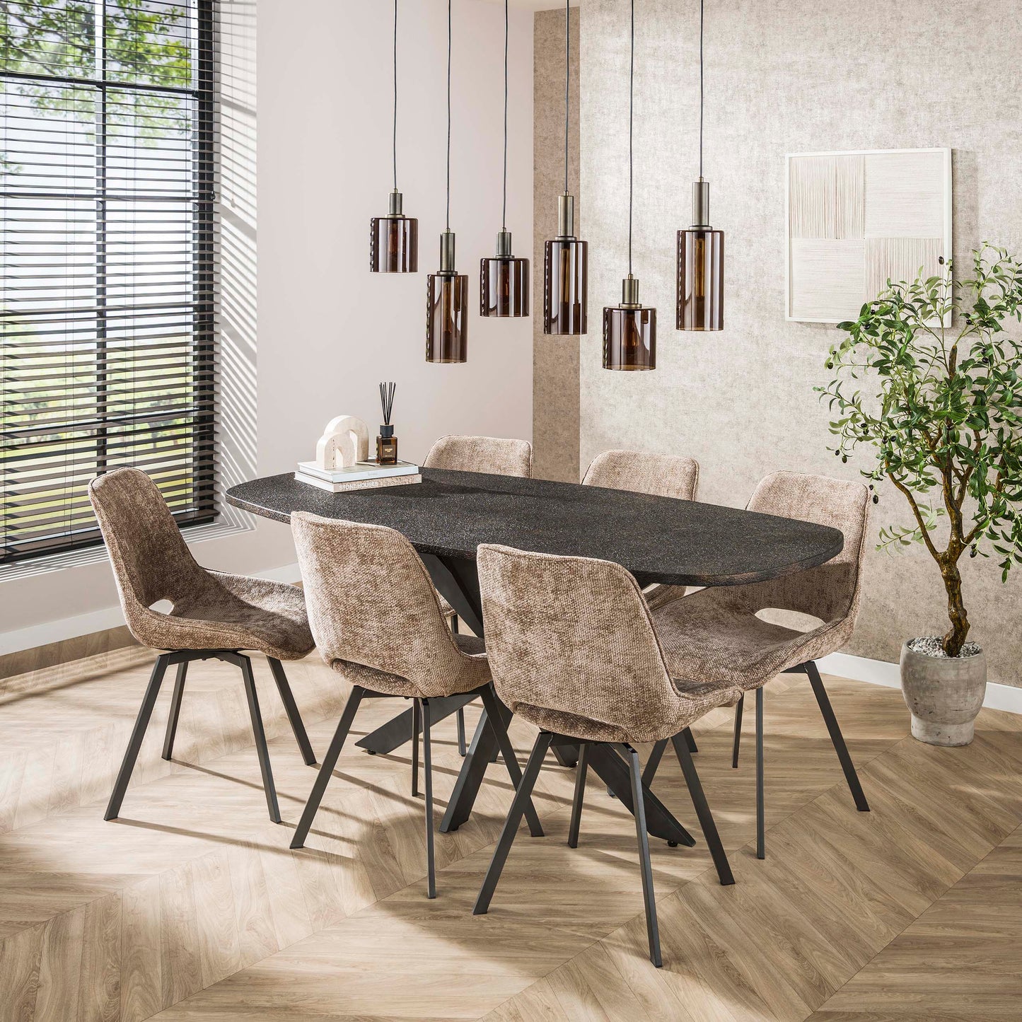 Esszimmerstuhl SWIVEL CHENILLE 360° Drehstuhl ohne Armlehnen im 4er-Set Champagne