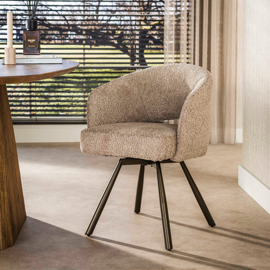 Esszimmerstuhl SALON CROSS GIRO 360° drehbarer Sessel mit Taschenfederkern & Cut-Out Bouclé Sand-Braun