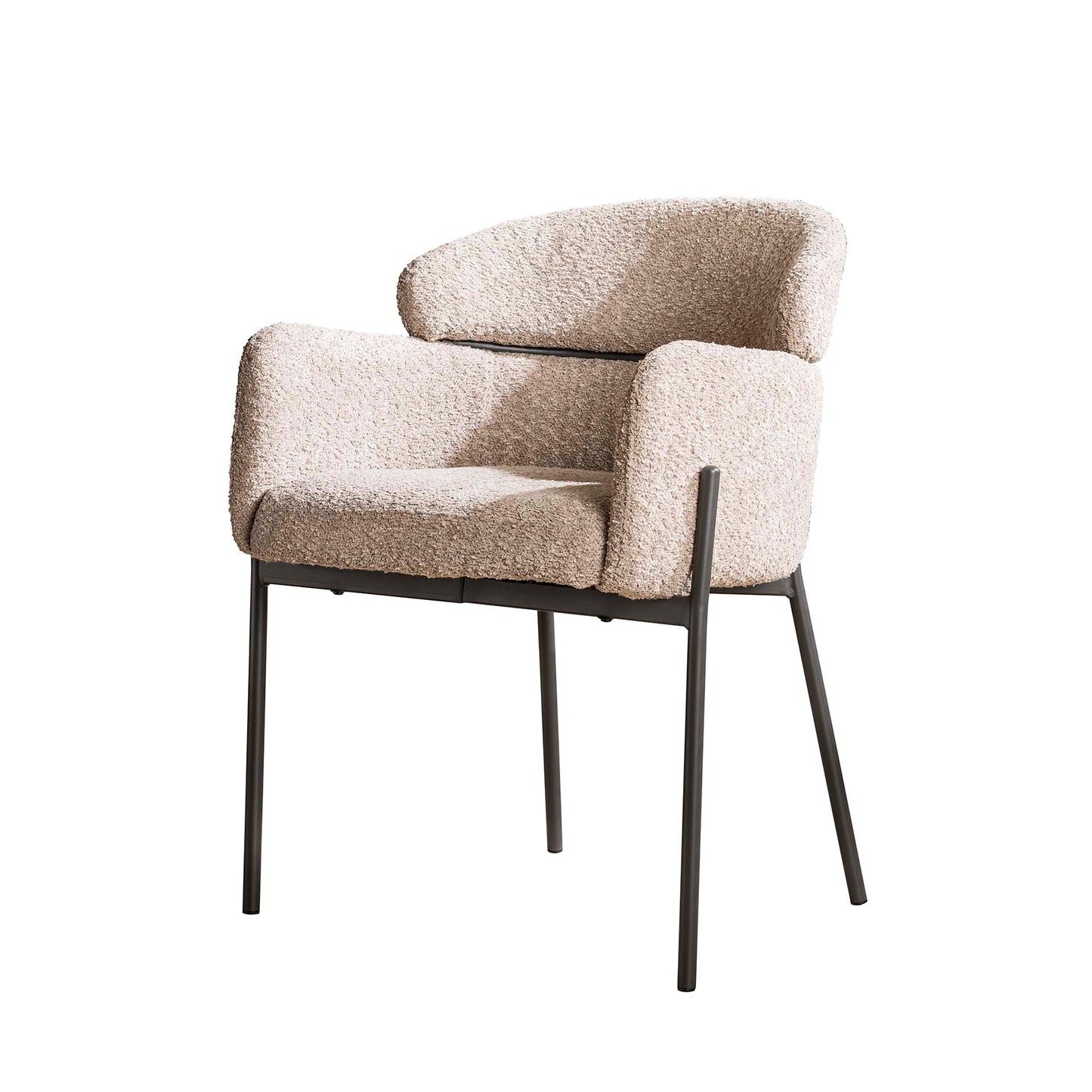 Armlehnstuhl CURVA Eleganter Bouclé- Polsterstuhl mit geschwungener Rückenlehne & Stahlgestell Beige