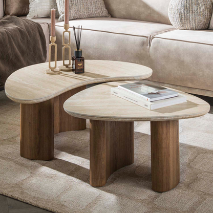 Couchtisch-Set ROMANO FLUIDO Organische Puzzle-Satztische in Travertin-Optik