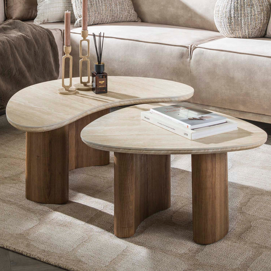 Couchtisch-Set ROMANO FLUIDO Organische Puzzle-Satztische in Travertin-Optik
